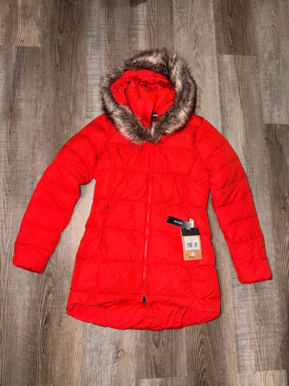 Womens The North Face Dreamer Parkina 600-Down Jacket Hooded Fiery Red, Small